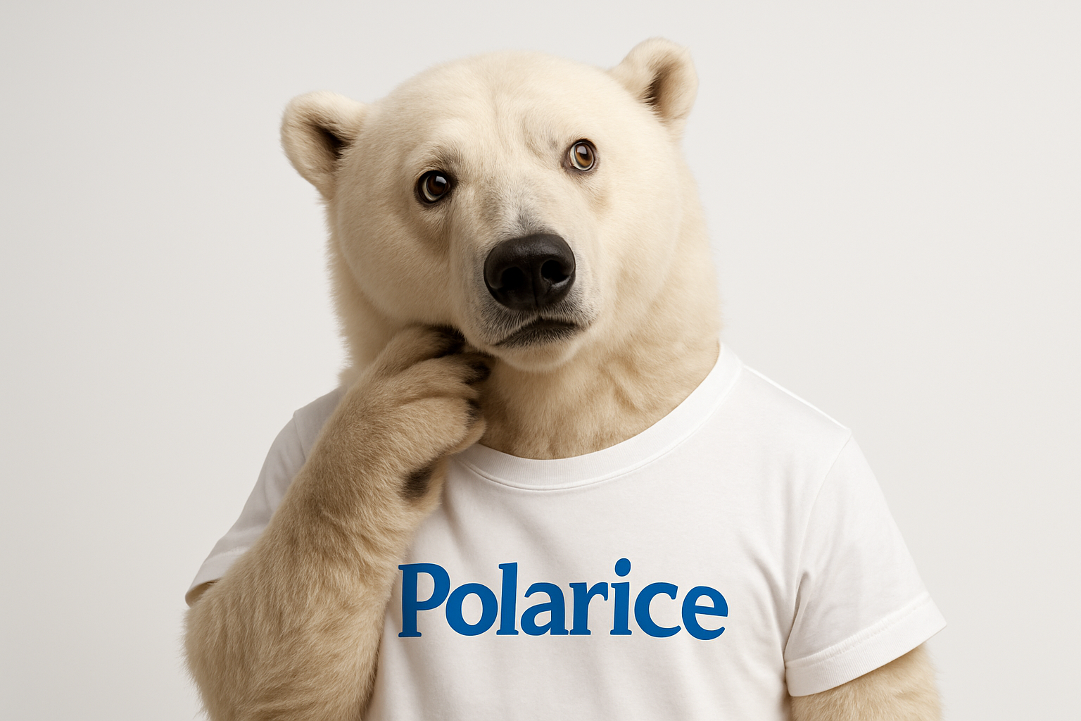 orso interrogativo con maglietta Polarice con sfondo bianco